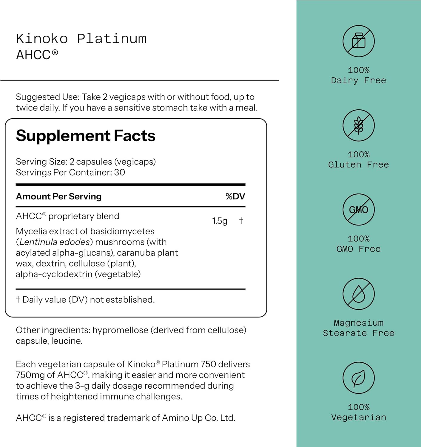 Quality of Life Premium Kinoko Platinum AHCC Herbal Supplement, 750mg per Capsule, for Immune Support, Liver Function, Maintains Natural Killer Cell Activity, Pack of 1, 60 Veggie Capsules