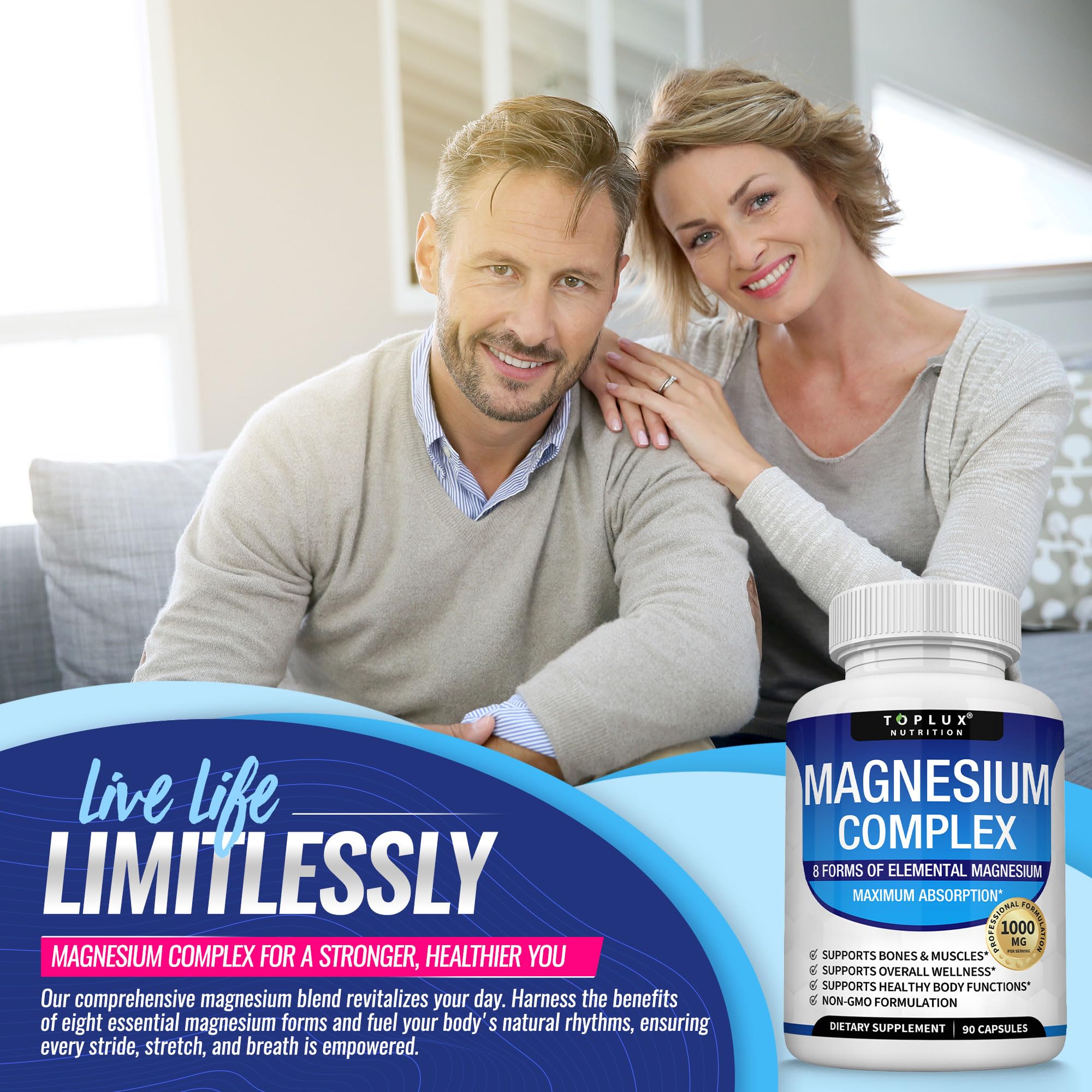 Magnesium Glycinate 8in1 Complex Supplement 1000mg - Magnesium Glycinate, Citrate, Malate, Taurate, Chelated for Health and High Absorption | Third Party Tested, Gluten Free, Non-GMO - Easy to Swallow