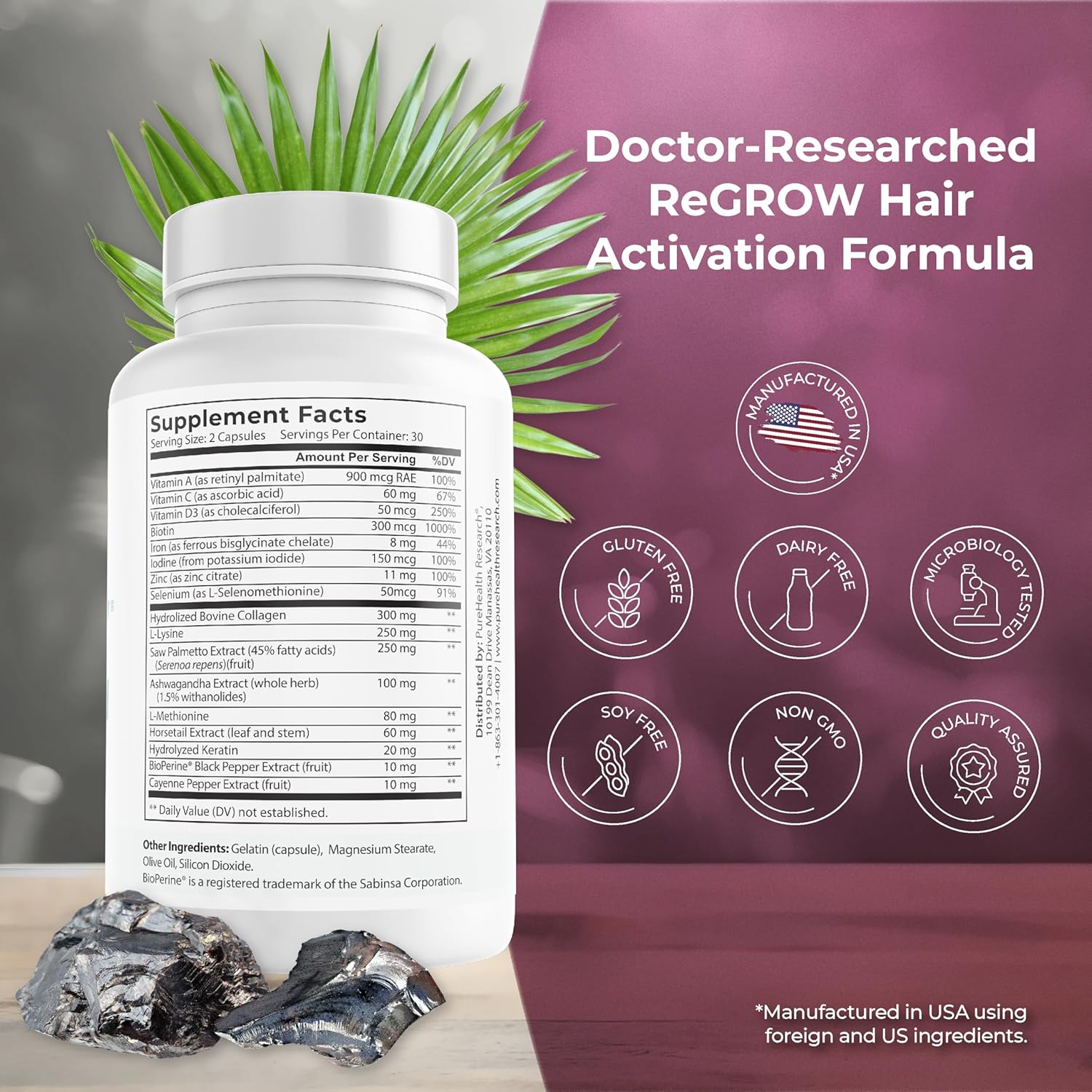 PUREHEALTH RESEARCH ReGrow - Hair Growth Vitamins  for Women & Men - 60 Capsules