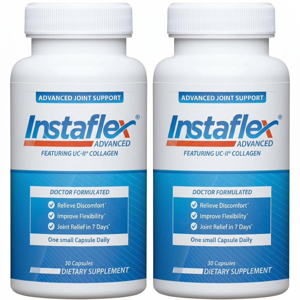 A white bottle of Instaflex Advanced dietary supplement featuring UC-II Collagen, with a blue and white label and a white ribbed cap.