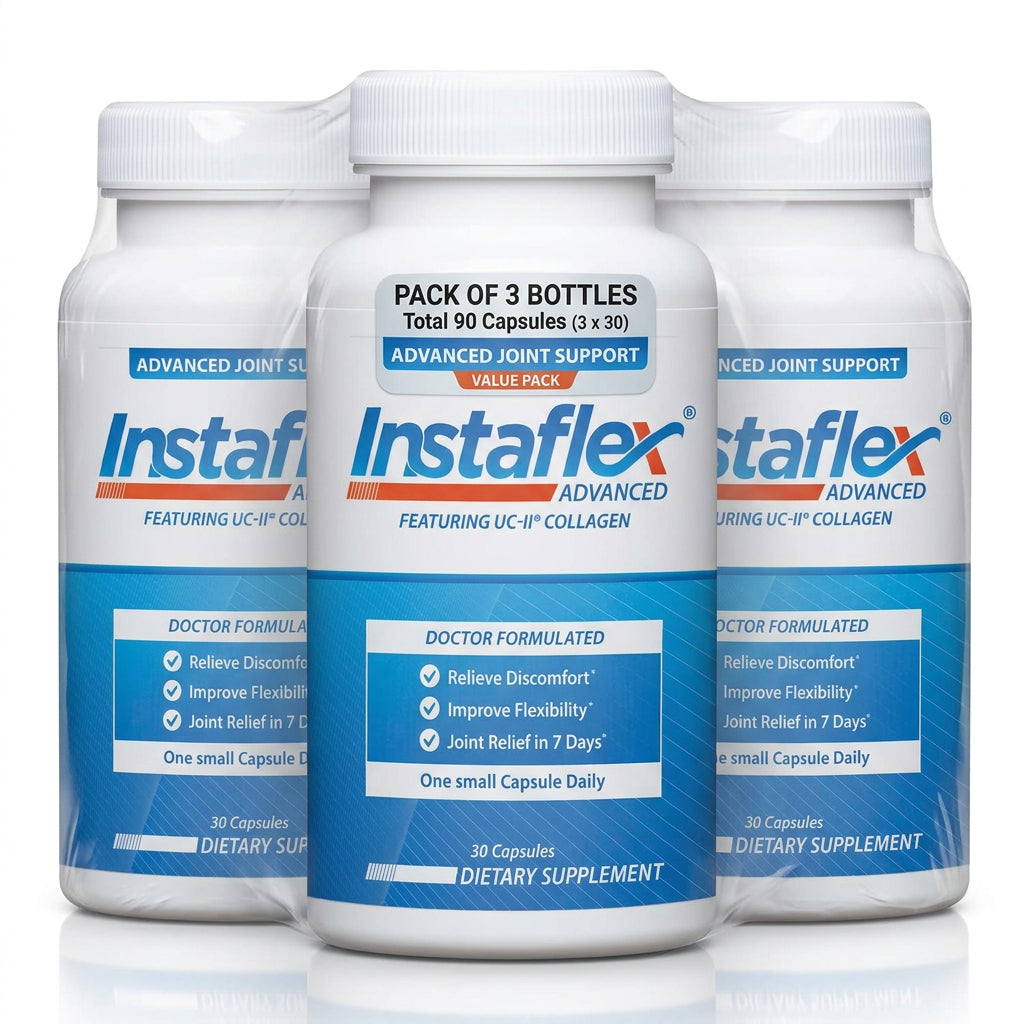 A white bottle of Instaflex Advanced dietary supplement featuring UC-II Collagen, with a blue and white label and a white ribbed cap.