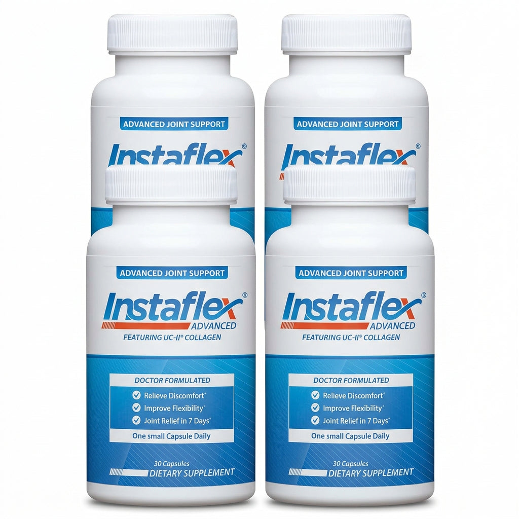 A white bottle of Instaflex Advanced dietary supplement featuring UC-II Collagen, with a blue and white label and a white ribbed cap.