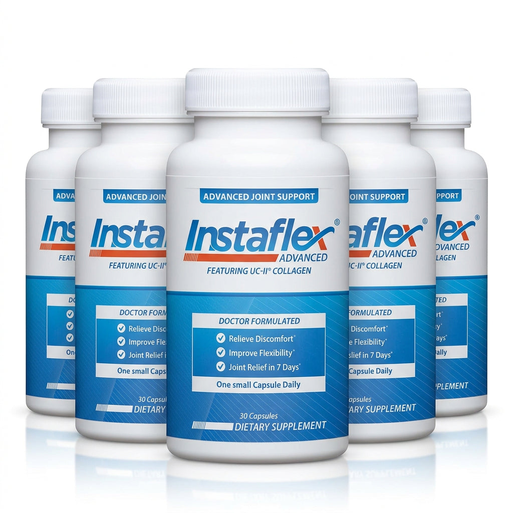 A white bottle of Instaflex Advanced dietary supplement featuring UC-II Collagen, with a blue and white label and a white ribbed cap.