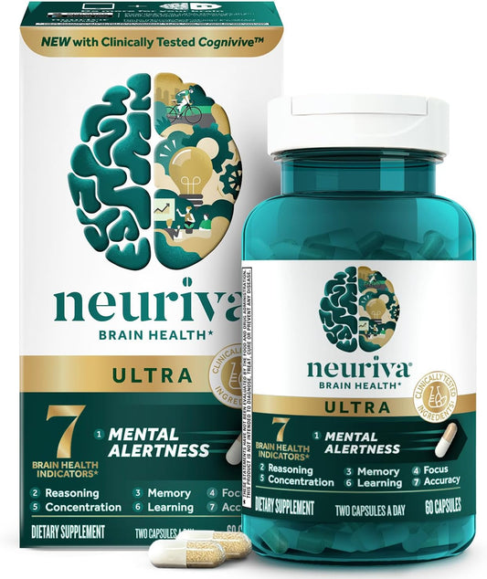 Neuriva Brain Health Ultra supplement bottle and packaging on a white background
